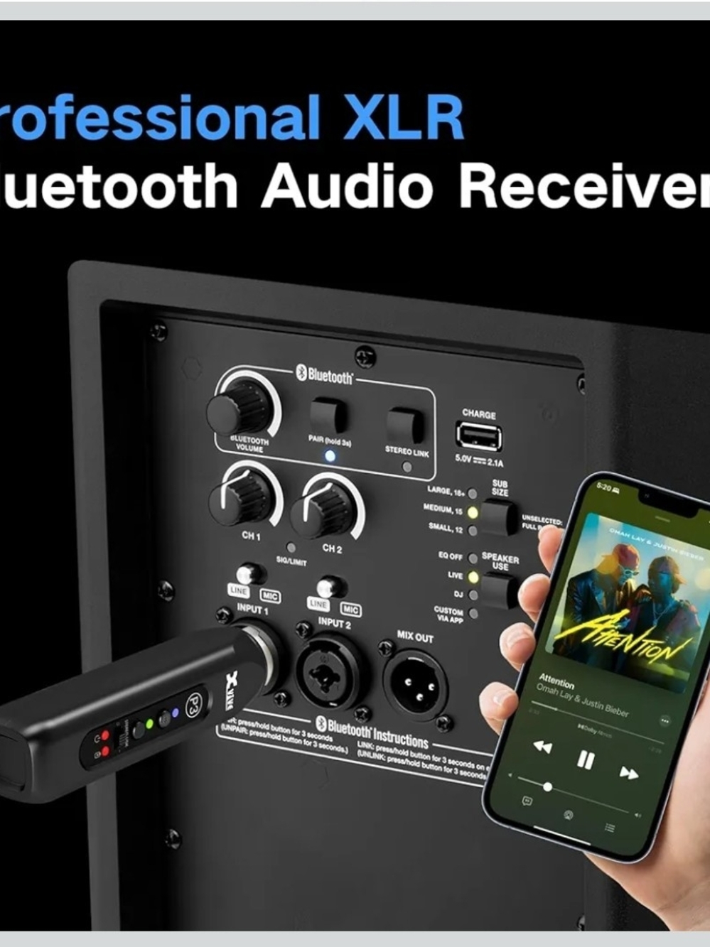 Xvive P3 XLR Bluetooth Receiver Wireless Audio Adapter PA Mixer DJ